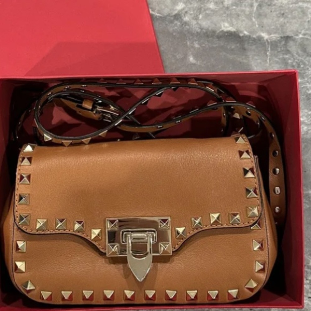 Valentino Garavani Tan Leather Rockstud Crossbody Bag with Gold Hardware